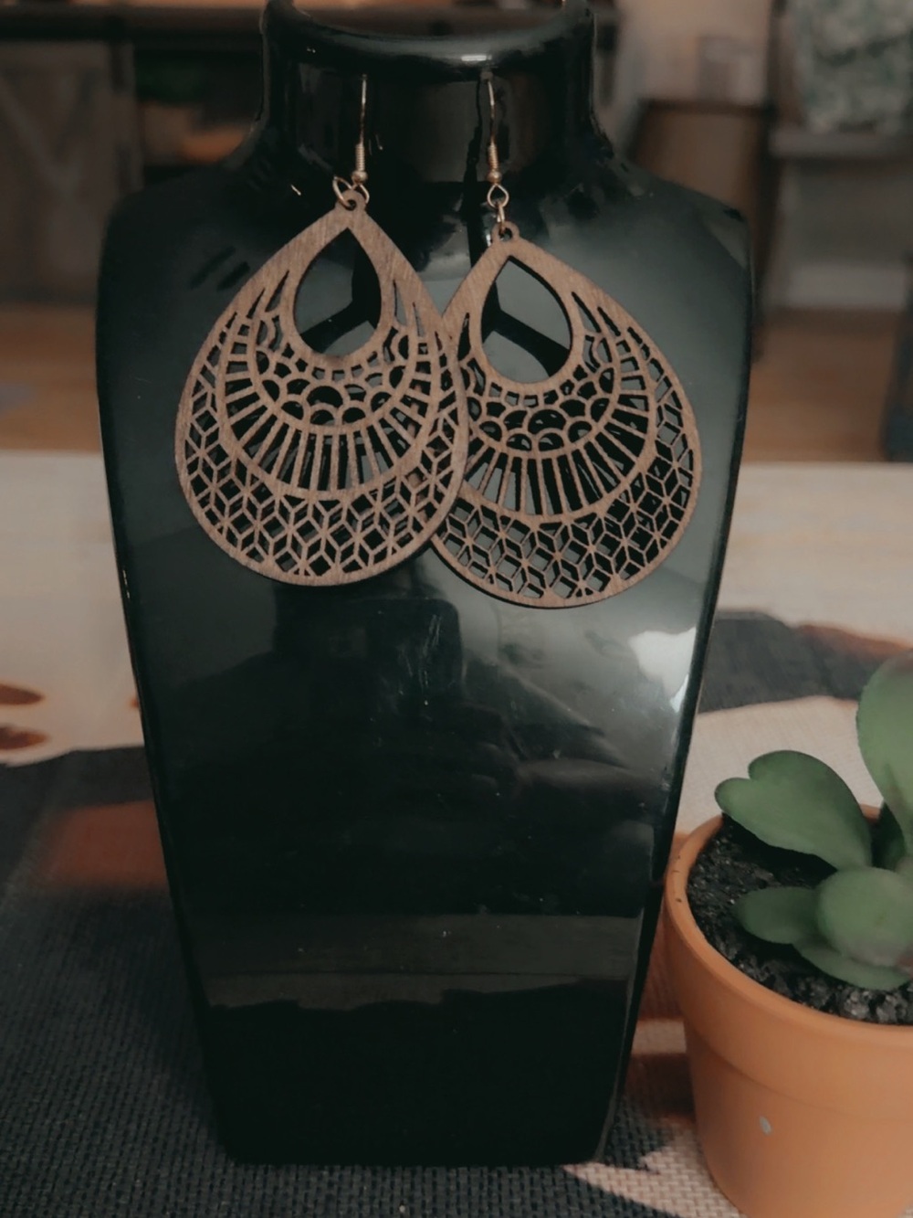 Intricate Teardrop Boho Wood Cutout Earrings - Brown